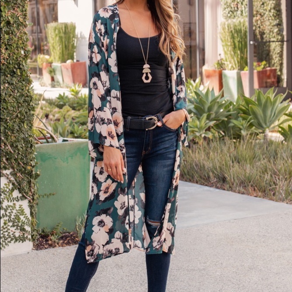 Pink Blush Green Floral Kimono